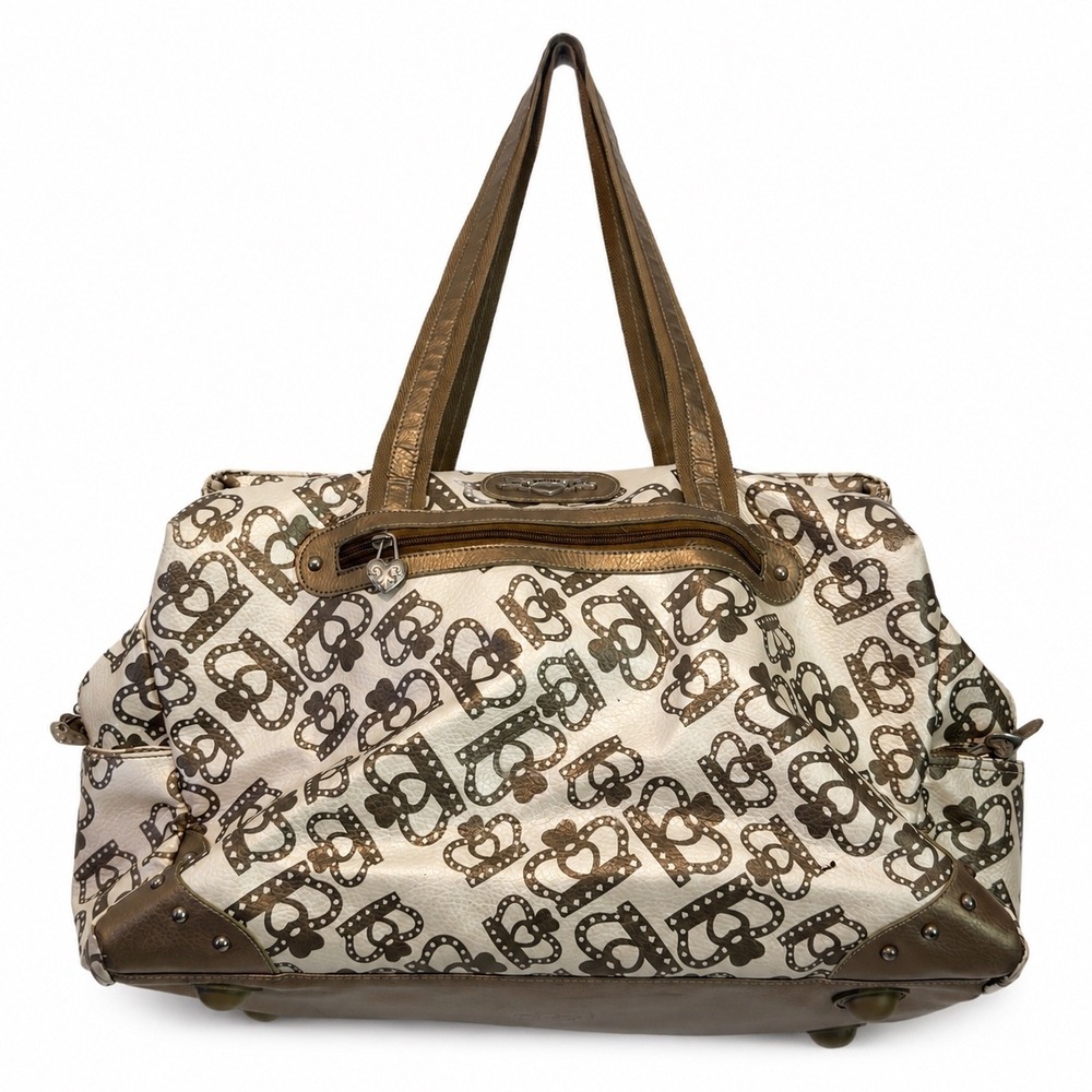 Kathy Van Zeeland Crown Monogram Satchel Bag Bronze Cream Metallic Y2K Tote